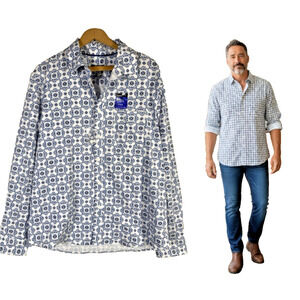 Apt 9 Premier Flex Slim Fit Shirt Button Up Size Large Mens White Blue Print NEW